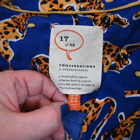 Anthropologie 17 of 52 Conversations Women's 4 Blue Big Cat Tie Neck Blouse - Picture 8 of 9